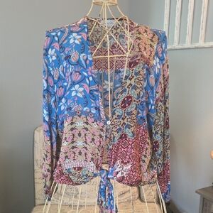 Floral Patchwork Tie-Front Blouse